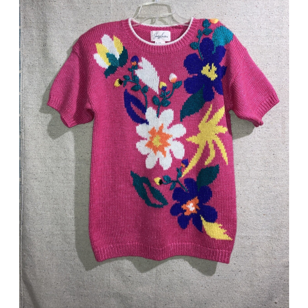 Vintage Jaclyn Smith Knit Sweater Pink Bright Flowers Embroidery Short Sleeve M